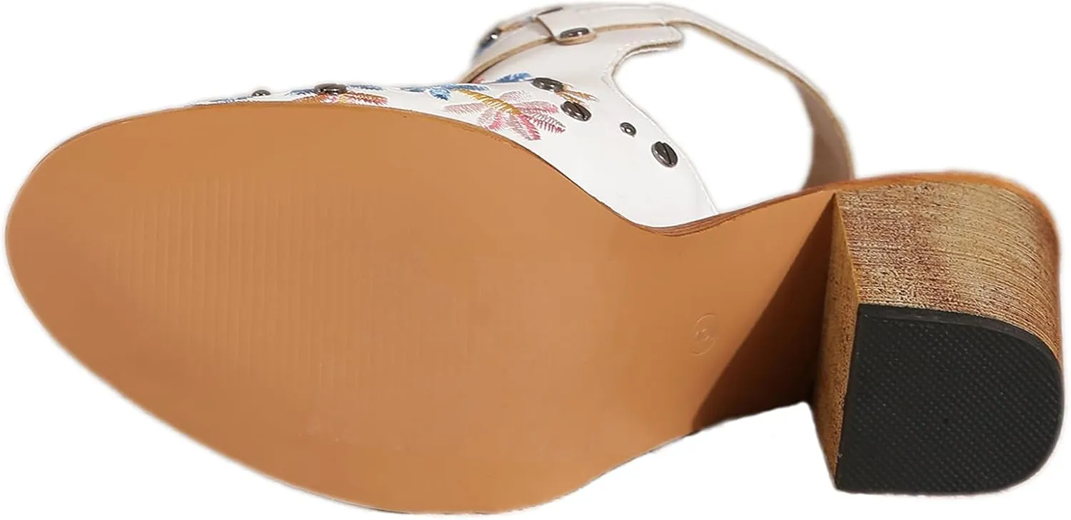 Women's Mexican Floral Embroidered Chunky Heels Sandal Buckle Ankle Strap Closed Toe Block High Heel Sandals Vintage Rivets Dress Slingback Pumps