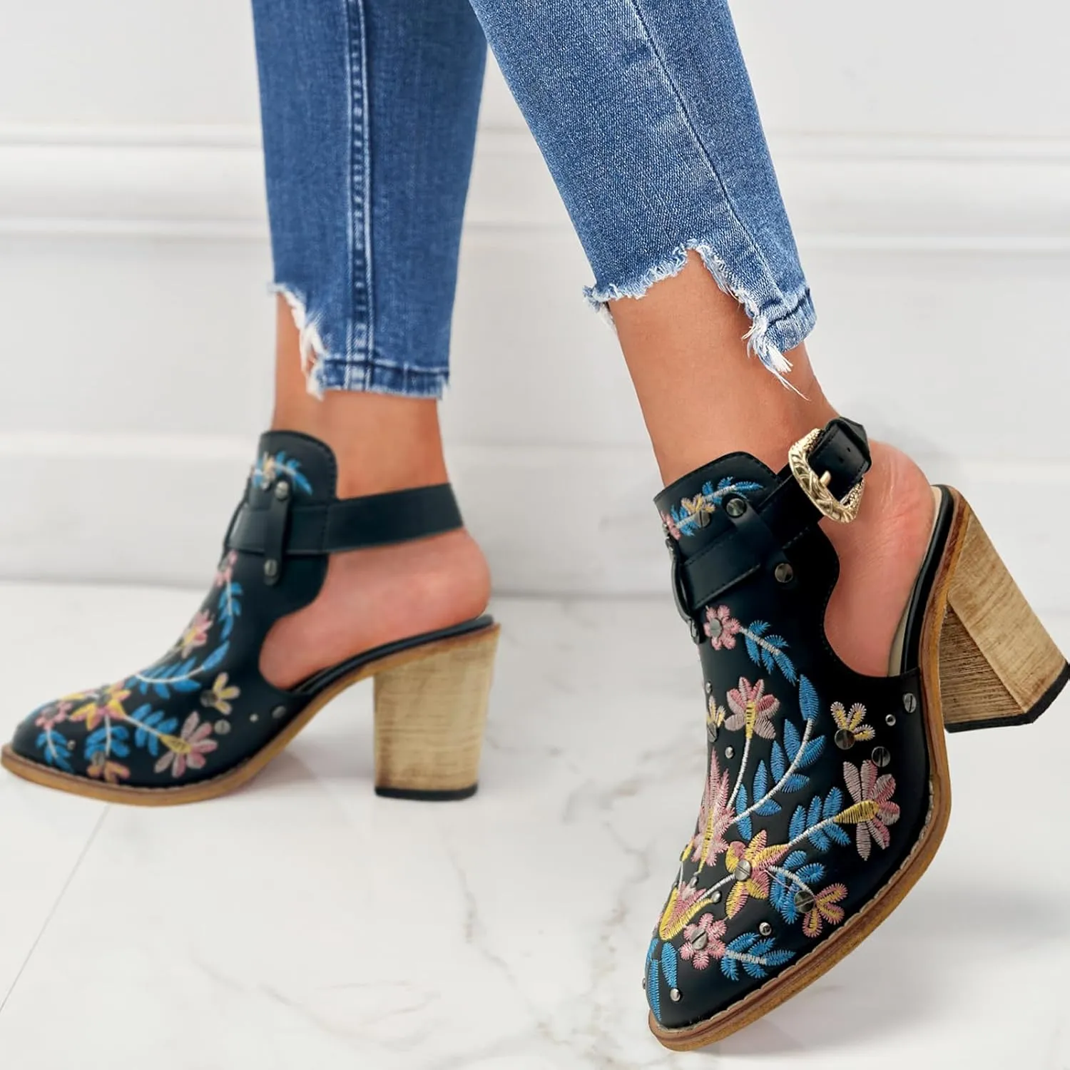 Women's Mexican Floral Embroidered Chunky Heels Sandal Buckle Ankle Strap Closed Toe Block High Heel Sandals Vintage Rivets Dress Slingback Pumps
