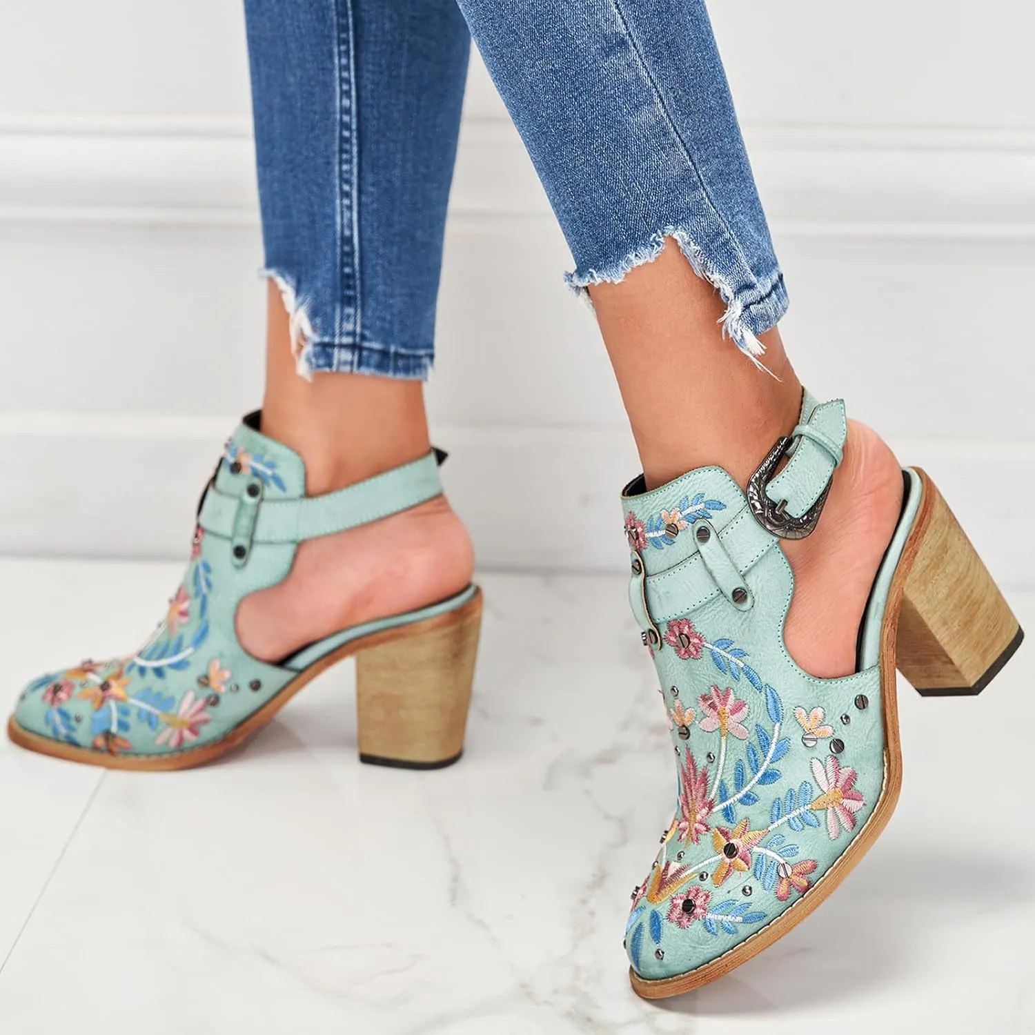 Women's Mexican Floral Embroidered Chunky Heels Sandal Buckle Ankle Strap Closed Toe Block High Heel Sandals Vintage Rivets Dress Slingback Pumps
