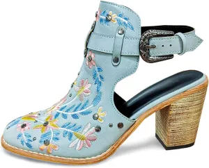Women's Mexican Floral Embroidered Chunky Heels Sandal Buckle Ankle Strap Closed Toe Block High Heel Sandals Vintage Rivets Dress Slingback Pumps