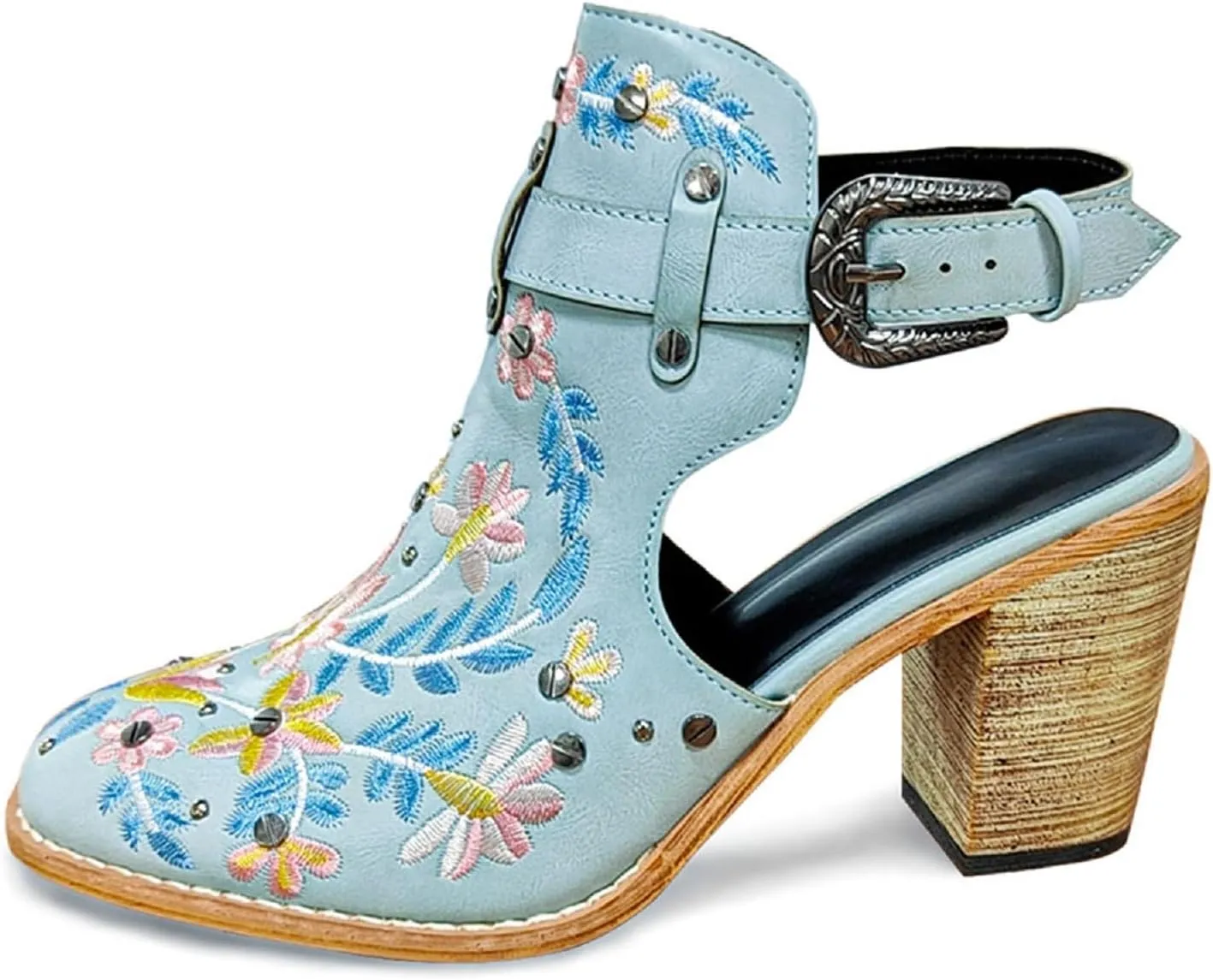 Women's Mexican Floral Embroidered Chunky Heels Sandal Buckle Ankle Strap Closed Toe Block High Heel Sandals Vintage Rivets Dress Slingback Pumps