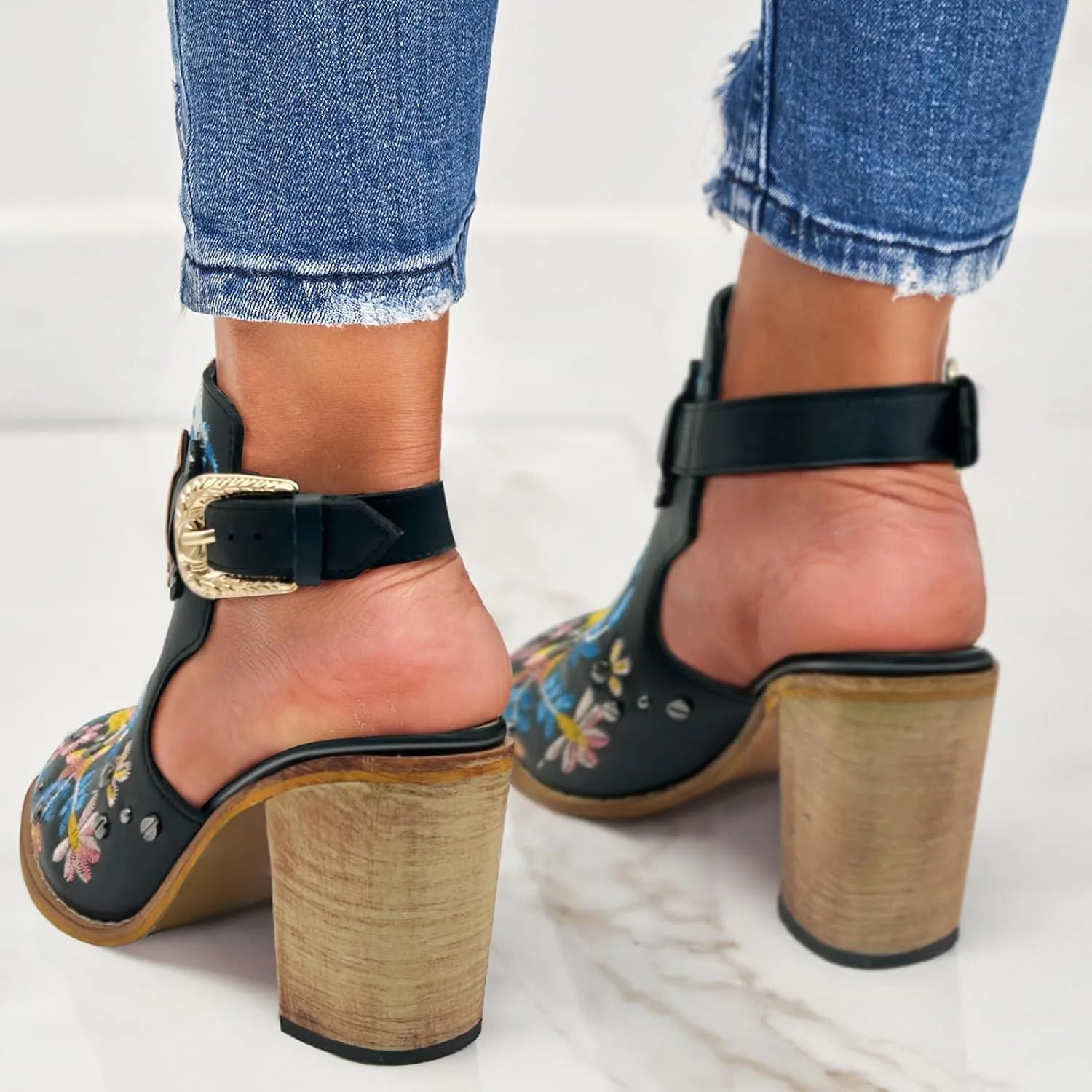 Women's Mexican Floral Embroidered Chunky Heels Sandal Buckle Ankle Strap Closed Toe Block High Heel Sandals Vintage Rivets Dress Slingback Pumps