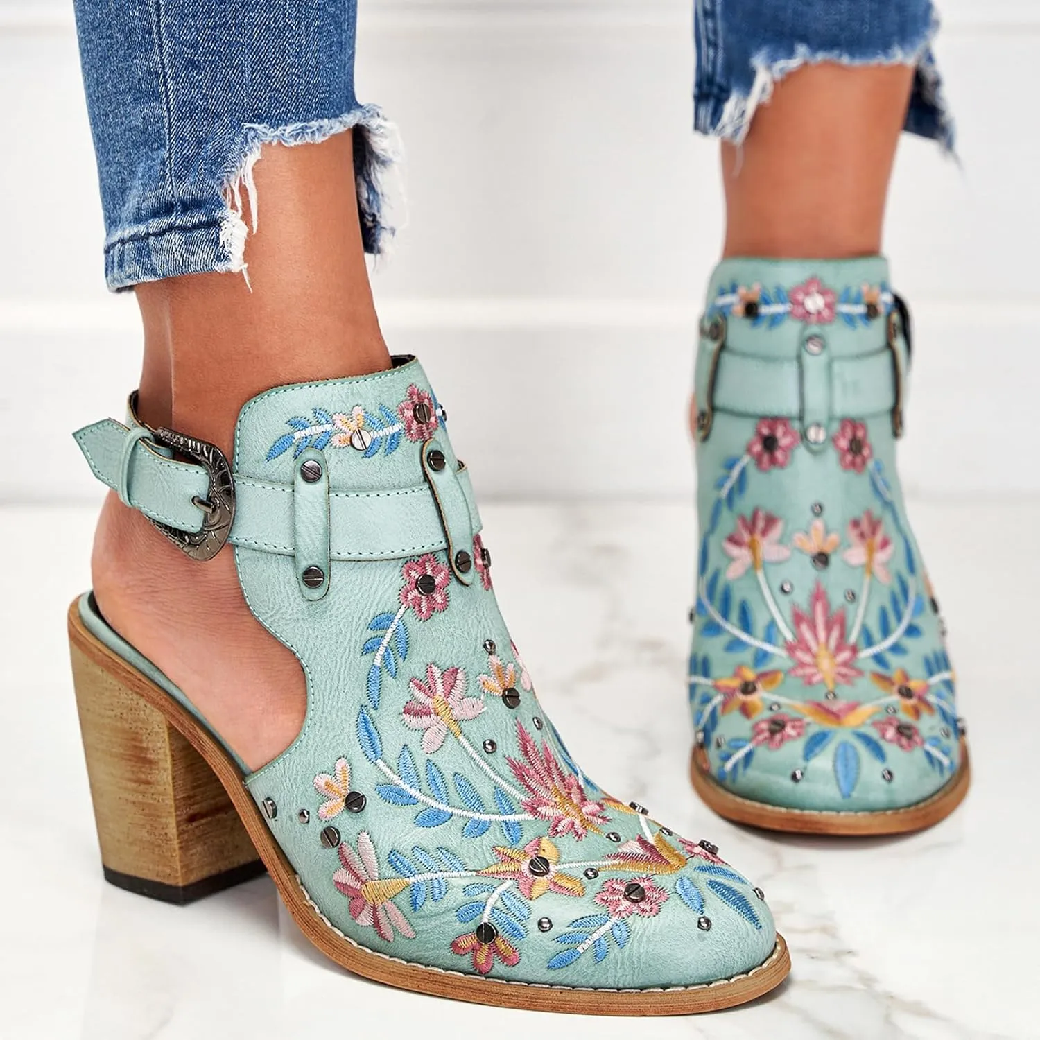 Women's Mexican Floral Embroidered Chunky Heels Sandal Buckle Ankle Strap Closed Toe Block High Heel Sandals Vintage Rivets Dress Slingback Pumps