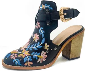 Women's Mexican Floral Embroidered Chunky Heels Sandal Buckle Ankle Strap Closed Toe Block High Heel Sandals Vintage Rivets Dress Slingback Pumps