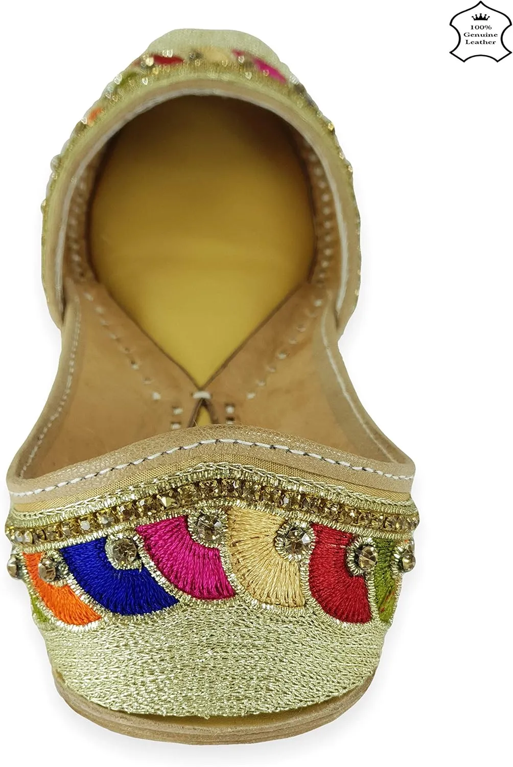 Women's Phulkari Payal Gold Toned 100% Genuine Soft Leather Jutis | Bite and Pinch Free Juttis | Punjabi Formal Jutti | Girl's Wedding Flat Jooti Ladies Mojari | Bridal Ethnic Flats Juti |