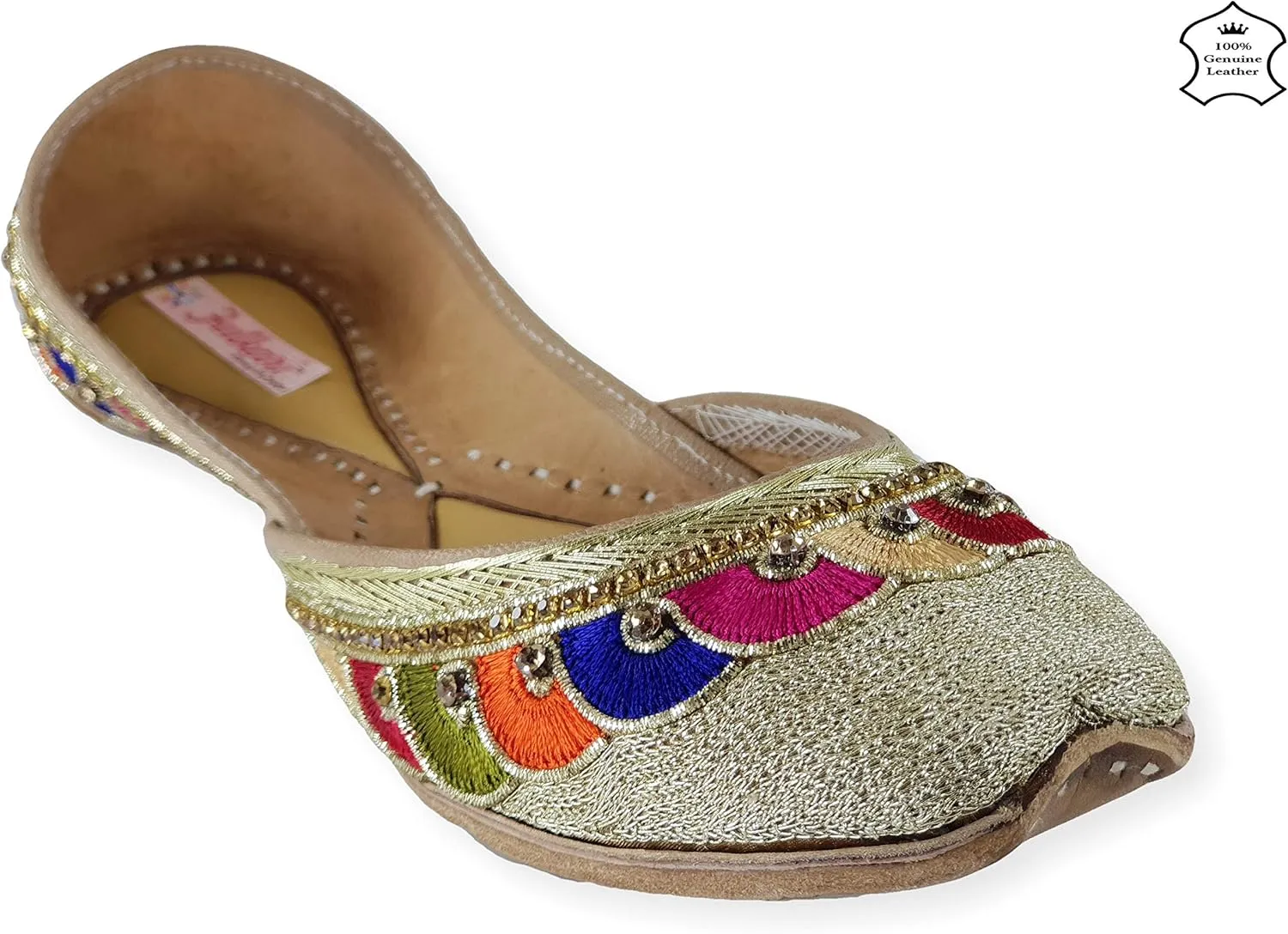 Women's Phulkari Payal Gold Toned 100% Genuine Soft Leather Jutis | Bite and Pinch Free Juttis | Punjabi Formal Jutti | Girl's Wedding Flat Jooti Ladies Mojari | Bridal Ethnic Flats Juti |