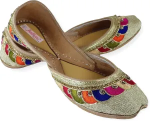 Women's Phulkari Payal Gold Toned 100% Genuine Soft Leather Jutis | Bite and Pinch Free Juttis | Punjabi Formal Jutti | Girl's Wedding Flat Jooti Ladies Mojari | Bridal Ethnic Flats Juti |