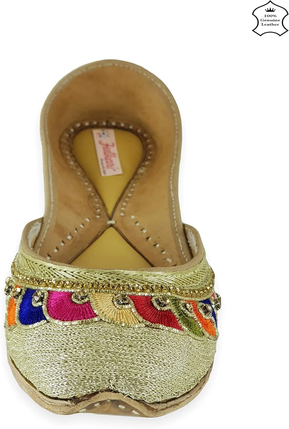 Women's Phulkari Payal Gold Toned 100% Genuine Soft Leather Jutis | Bite and Pinch Free Juttis | Punjabi Formal Jutti | Girl's Wedding Flat Jooti Ladies Mojari | Bridal Ethnic Flats Juti |
