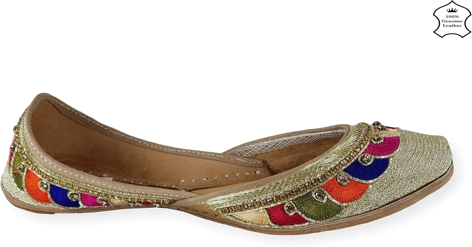 Women's Phulkari Payal Gold Toned 100% Genuine Soft Leather Jutis | Bite and Pinch Free Juttis | Punjabi Formal Jutti | Girl's Wedding Flat Jooti Ladies Mojari | Bridal Ethnic Flats Juti |