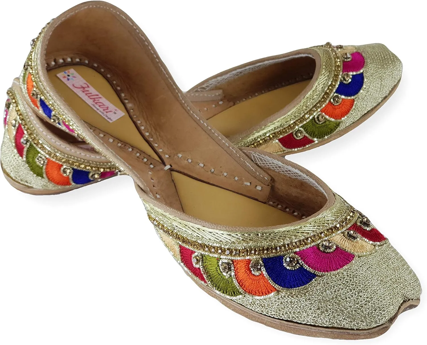 Women's Phulkari Payal Gold Toned 100% Genuine Soft Leather Jutis | Bite and Pinch Free Juttis | Punjabi Formal Jutti | Girl's Wedding Flat Jooti Ladies Mojari | Bridal Ethnic Flats Juti |