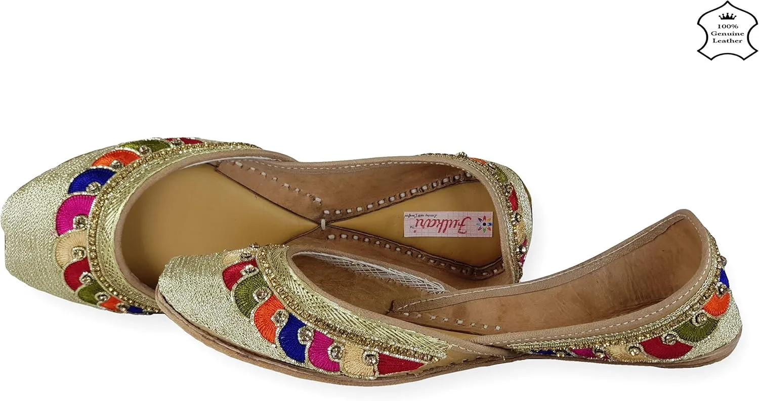 Women's Phulkari Payal Gold Toned 100% Genuine Soft Leather Jutis | Bite and Pinch Free Juttis | Punjabi Formal Jutti | Girl's Wedding Flat Jooti Ladies Mojari | Bridal Ethnic Flats Juti |