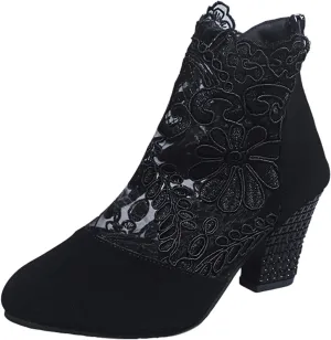 Womens Platform Close Toed Chunky Low Block Heels Sandals Mesh Sheer Ankle Bootie Back Zipper Vintage Dress Shoes