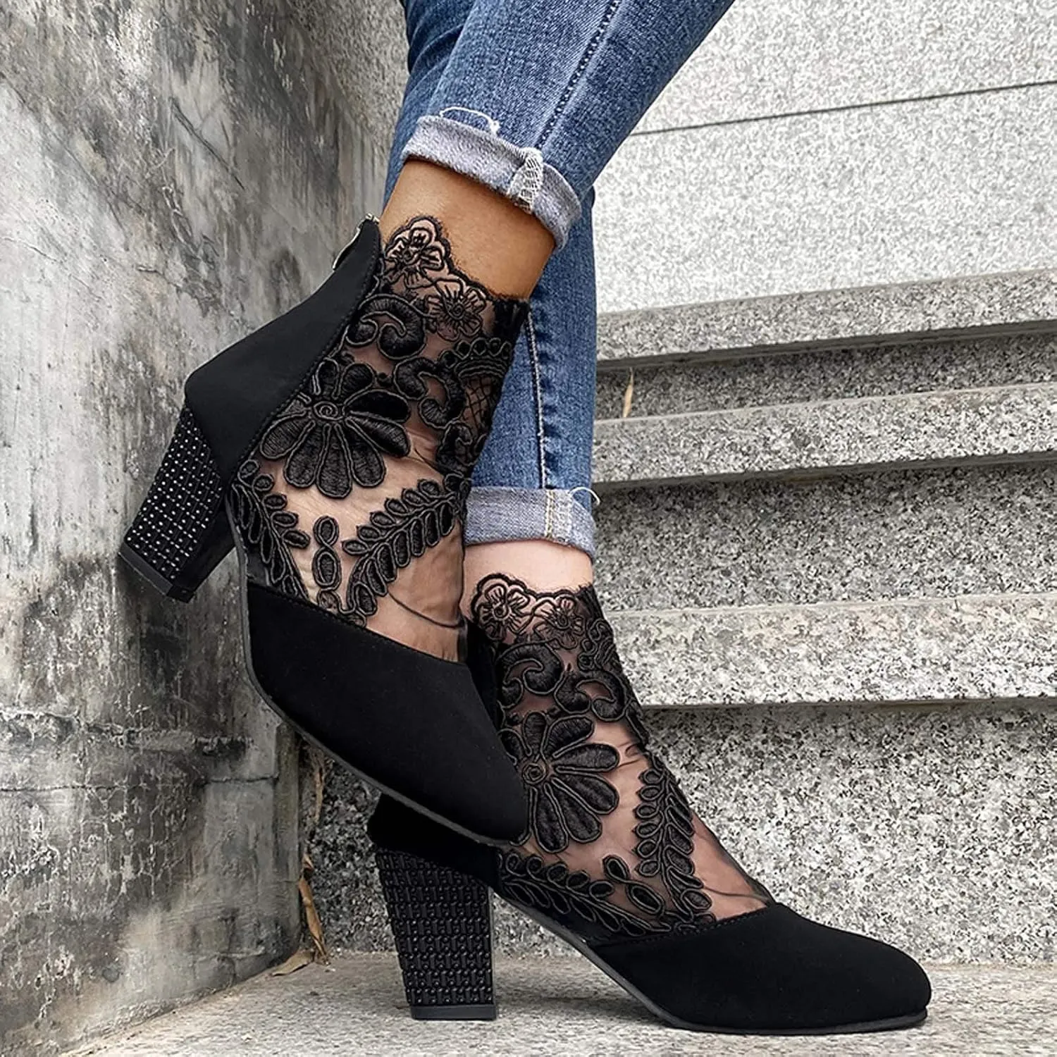 Womens Platform Close Toed Chunky Low Block Heels Sandals Mesh Sheer Ankle Bootie Back Zipper Vintage Dress Shoes