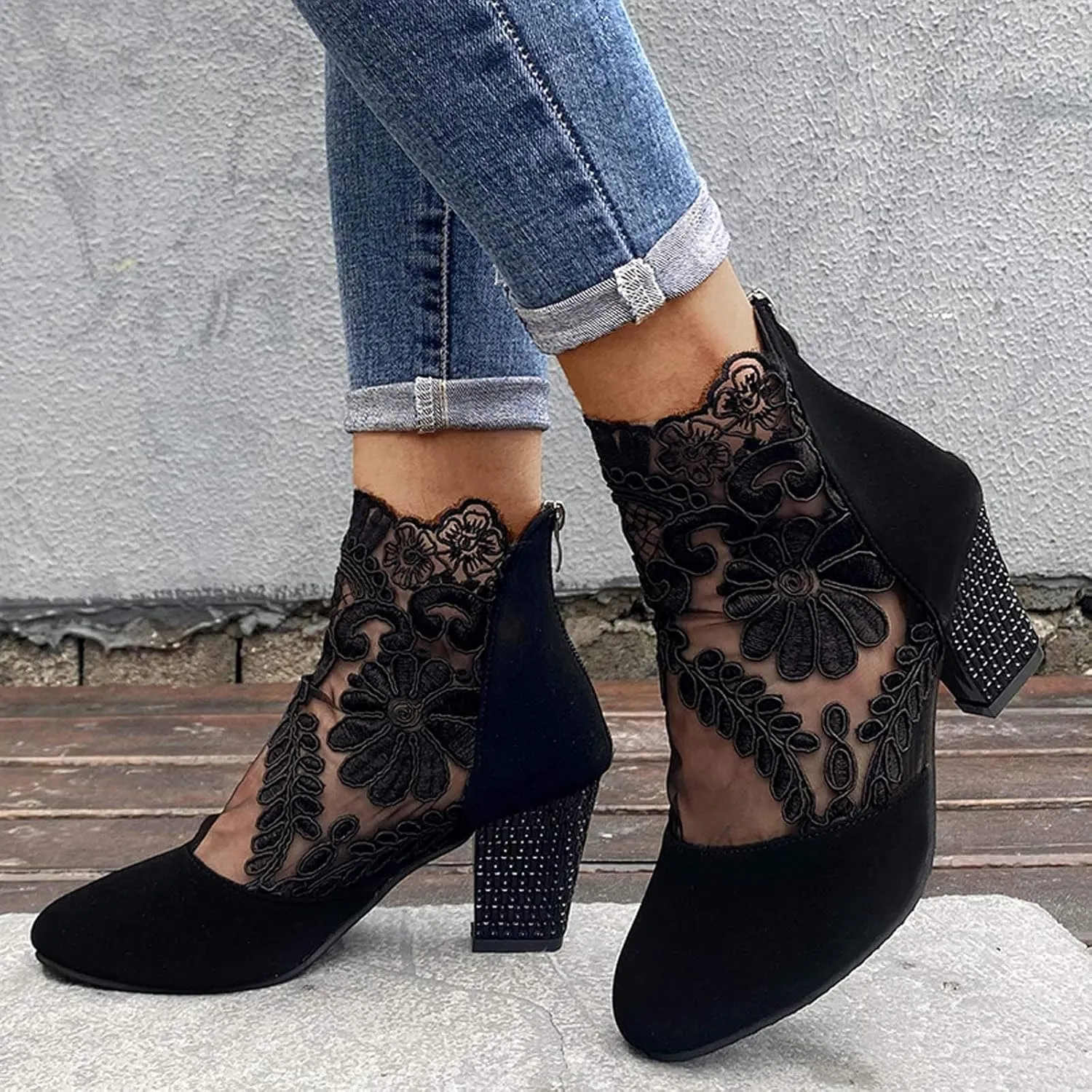 Womens Platform Close Toed Chunky Low Block Heels Sandals Mesh Sheer Ankle Bootie Back Zipper Vintage Dress Shoes
