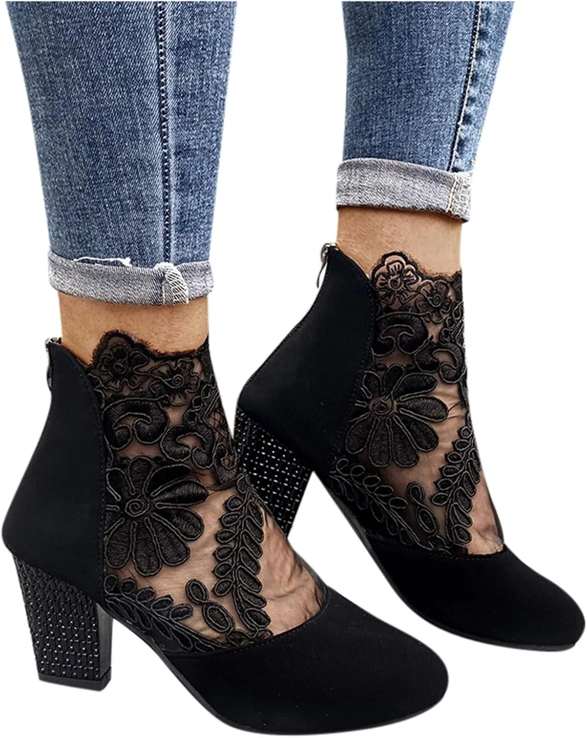 Womens Platform Close Toed Chunky Low Block Heels Sandals Mesh Sheer Ankle Bootie Back Zipper Vintage Dress Shoes