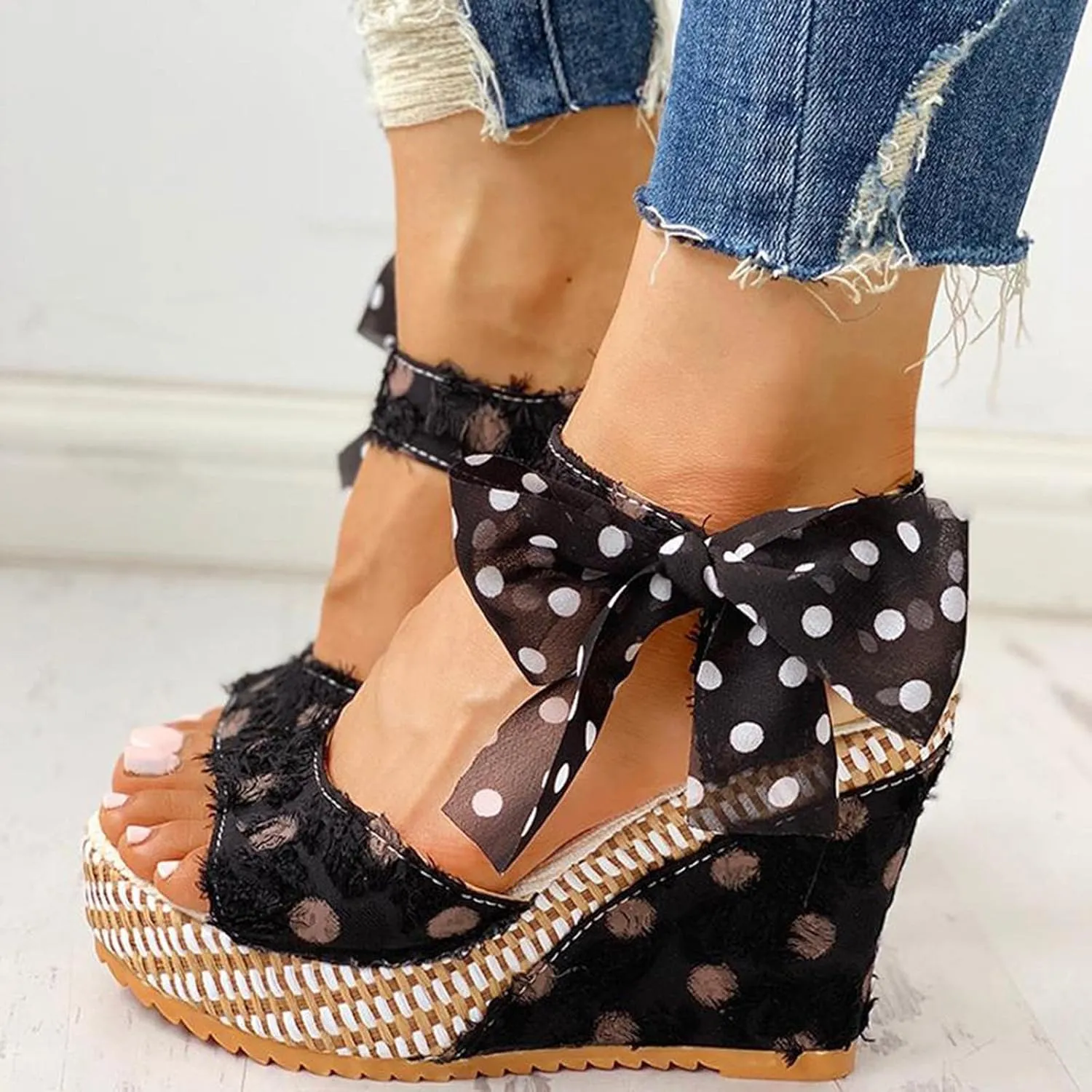 Women's Platform Sandals Wedge Open Toe Ankle Strap Lace Wedding Bridesmaid Shoes Bohemia Wide Width Close Toe Dressy Summer