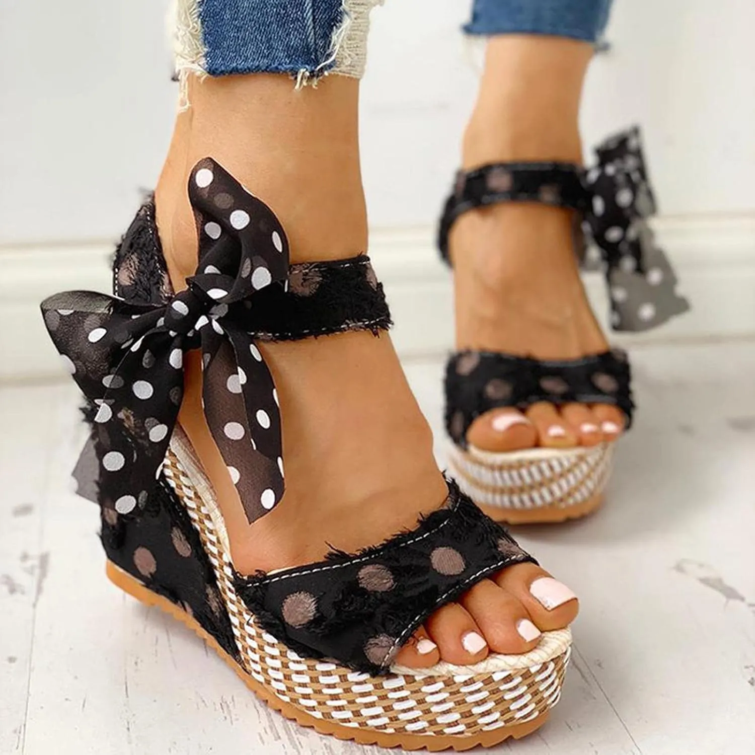 Women's Platform Sandals Wedge Open Toe Ankle Strap Lace Wedding Bridesmaid Shoes Bohemia Wide Width Close Toe Dressy Summer