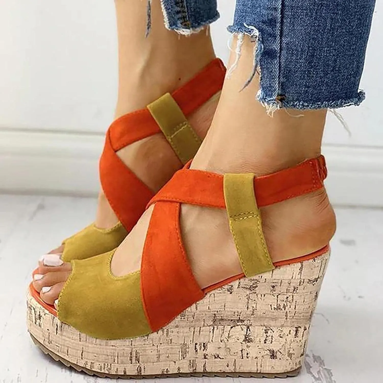 Women's Platform Sandals Wedge Open Toe Ankle Strap Lace Wedding Bridesmaid Shoes Rhinestone Comfortable Close Toe Wide Width