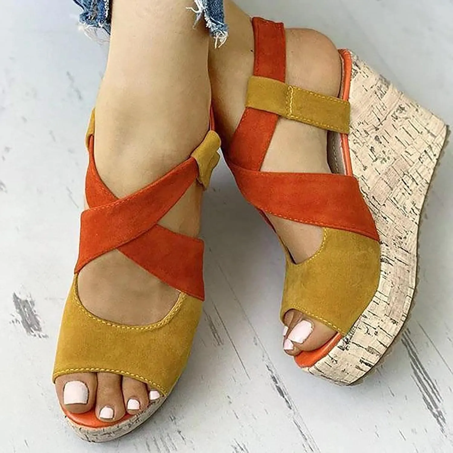 Women's Platform Sandals Wedge Open Toe Ankle Strap Lace Wedding Bridesmaid Shoes Rhinestone Comfortable Close Toe Wide Width