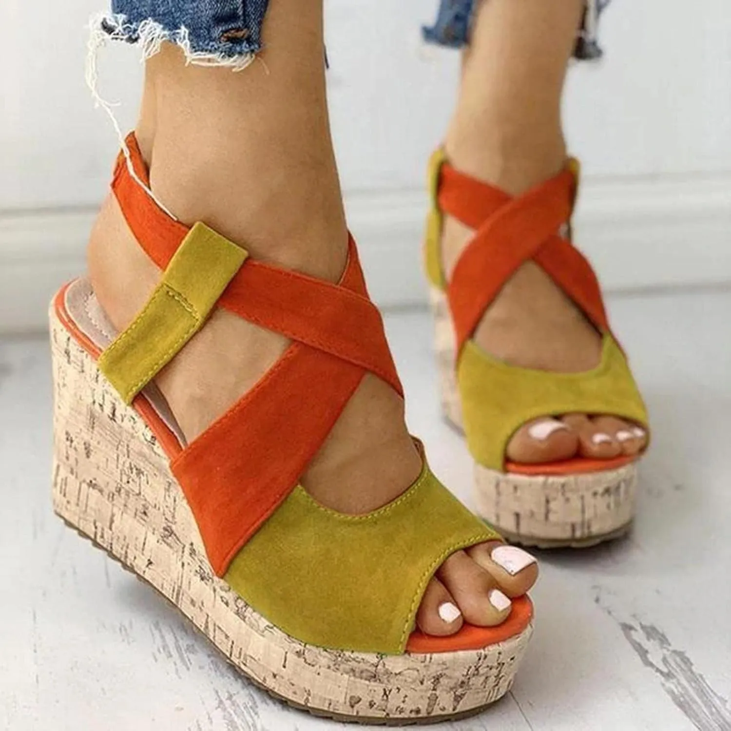 Women's Platform Sandals Wedge Open Toe Ankle Strap Lace Wedding Bridesmaid Shoes Rhinestone Comfortable Close Toe Wide Width