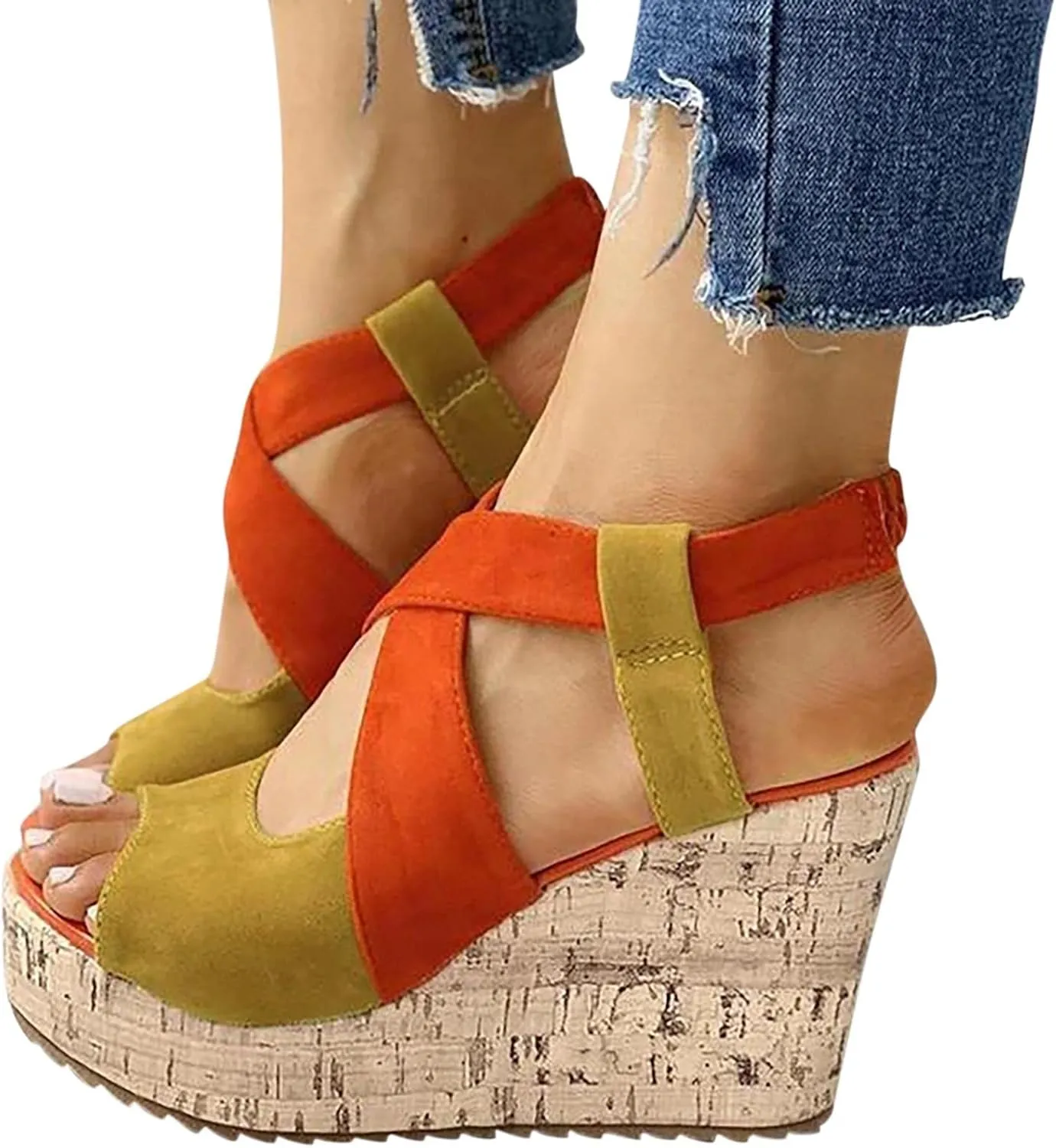 Women's Platform Sandals Wedge Open Toe Ankle Strap Lace Wedding Bridesmaid Shoes Rhinestone Comfortable Close Toe Wide Width