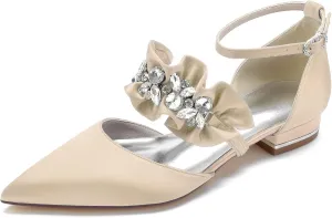 Women's Pointed Toe Wedding Flats Pumps for Bride Satin Rhinestones Ankle Strap Low Heels Evening Prom Dress Shoes