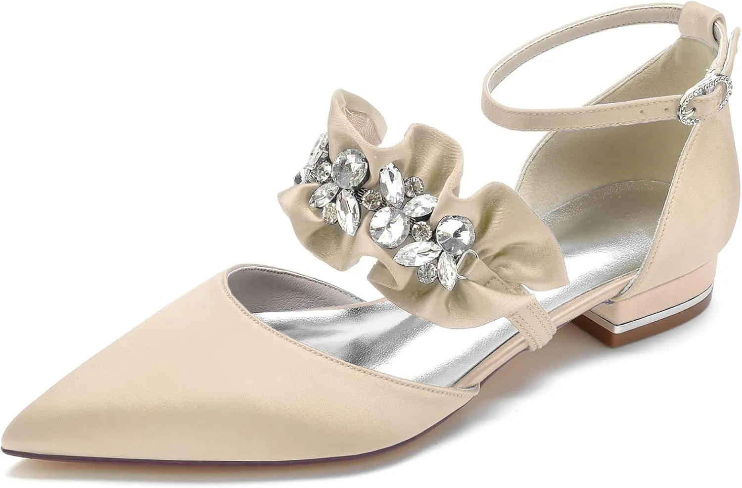 Women's Pointed Toe Wedding Flats Pumps for Bride Satin Rhinestones Ankle Strap Low Heels Evening Prom Dress Shoes