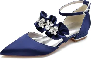 Women's Pointed Toe Wedding Flats Pumps for Bride Satin Rhinestones Ankle Strap Low Heels Evening Prom Dress Shoes
