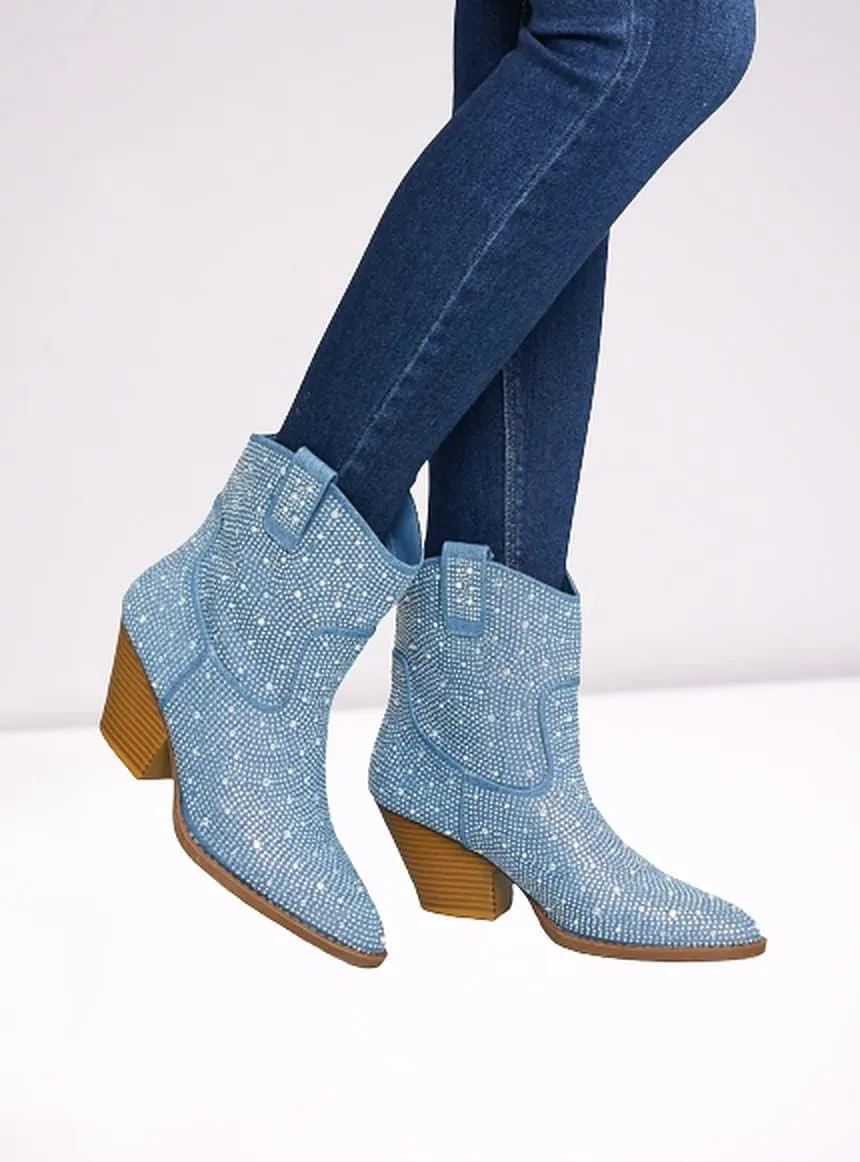 Women's Rhinestone Block Heel Mid Calf Short Ankle Booties Knee High Boots