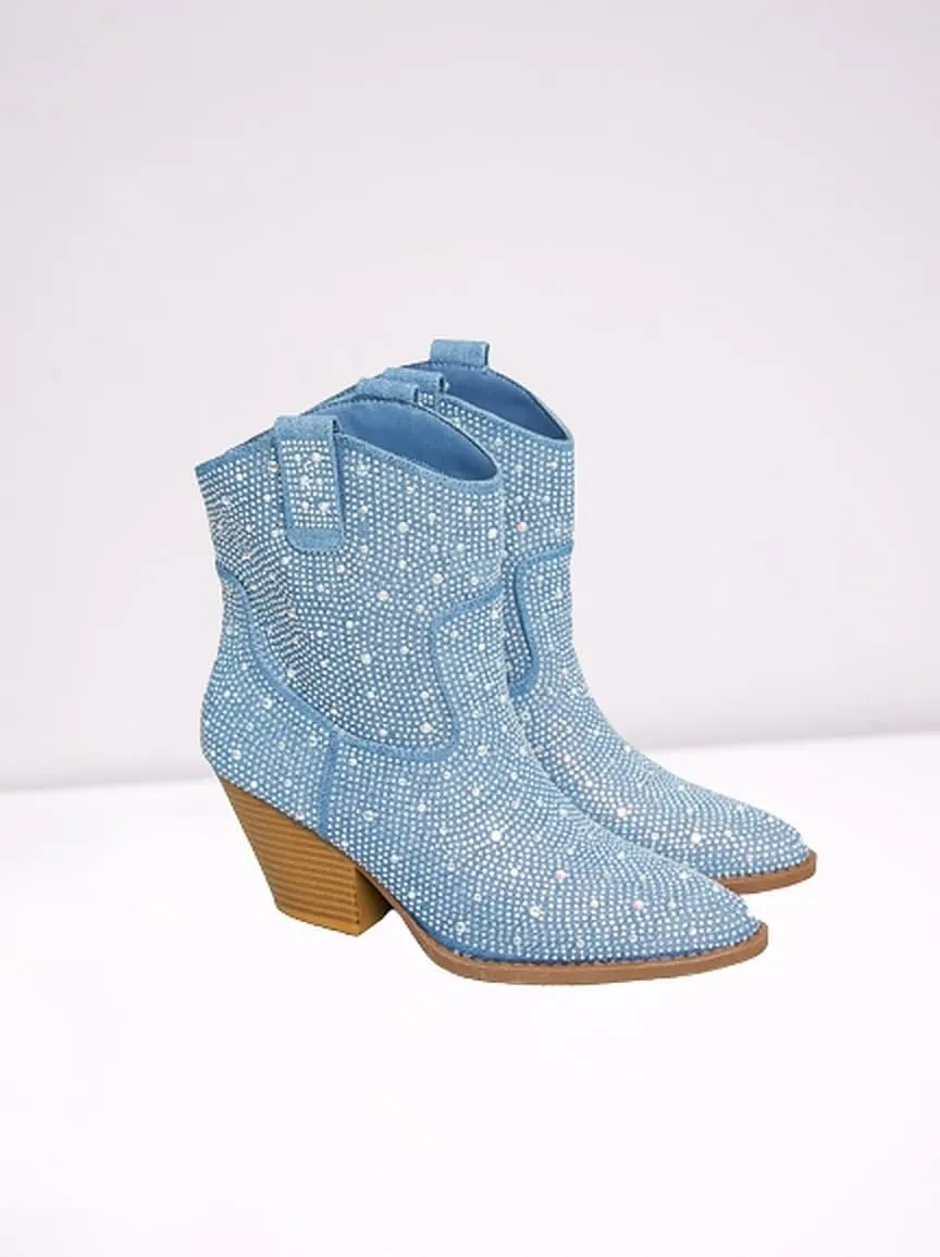 Women's Rhinestone Block Heel Mid Calf Short Ankle Booties Knee High Boots