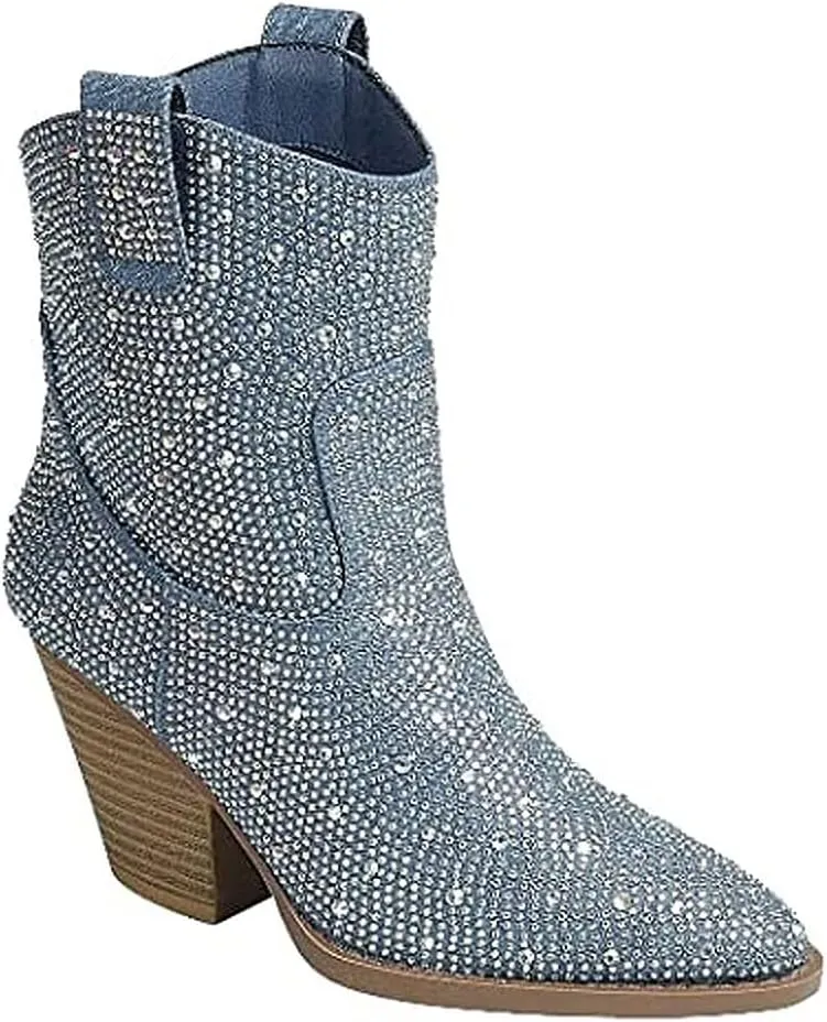 Women's Rhinestone Block Heel Mid Calf Short Ankle Booties Knee High Boots