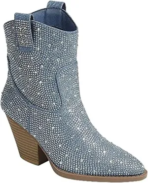 Women's Rhinestone Block Heel Mid Calf Short Ankle Booties Knee High Boots