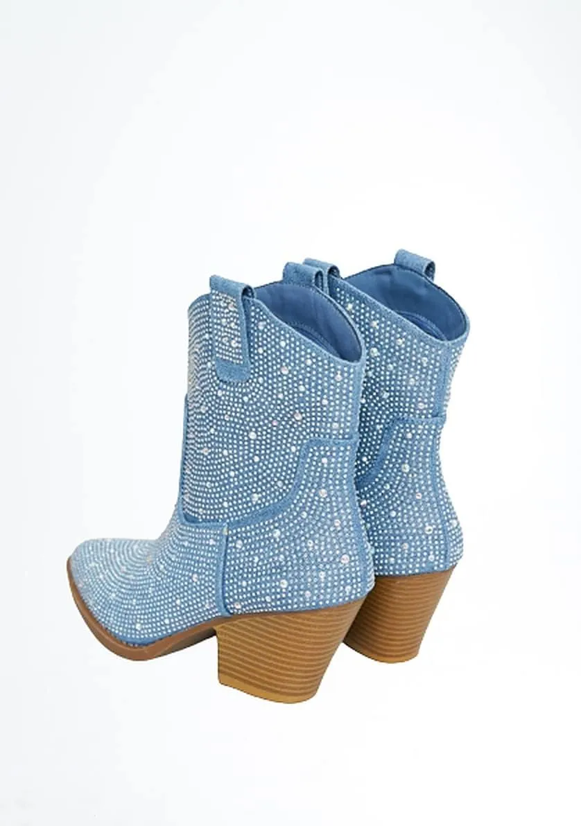 Women's Rhinestone Block Heel Mid Calf Short Ankle Booties Knee High Boots
