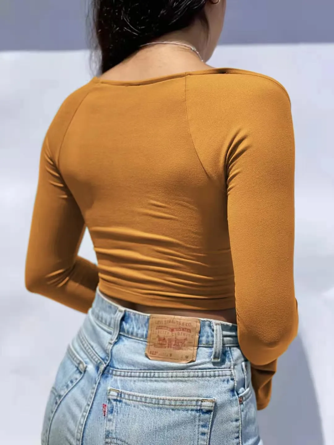Women's Sexy Halter Criss Cross Tie Up Crop Top Basic Long Sleeve Cut Out T Shirt
