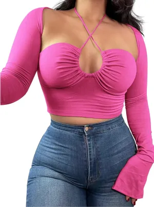 Women's Sexy Halter Criss Cross Tie Up Crop Top Basic Long Sleeve Cut Out T Shirt