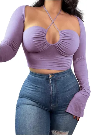 Women's Sexy Halter Criss Cross Tie Up Crop Top Basic Long Sleeve Cut Out T Shirt