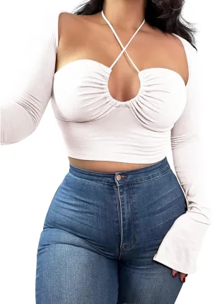 Women's Sexy Halter Criss Cross Tie Up Crop Top Basic Long Sleeve Cut Out T Shirt