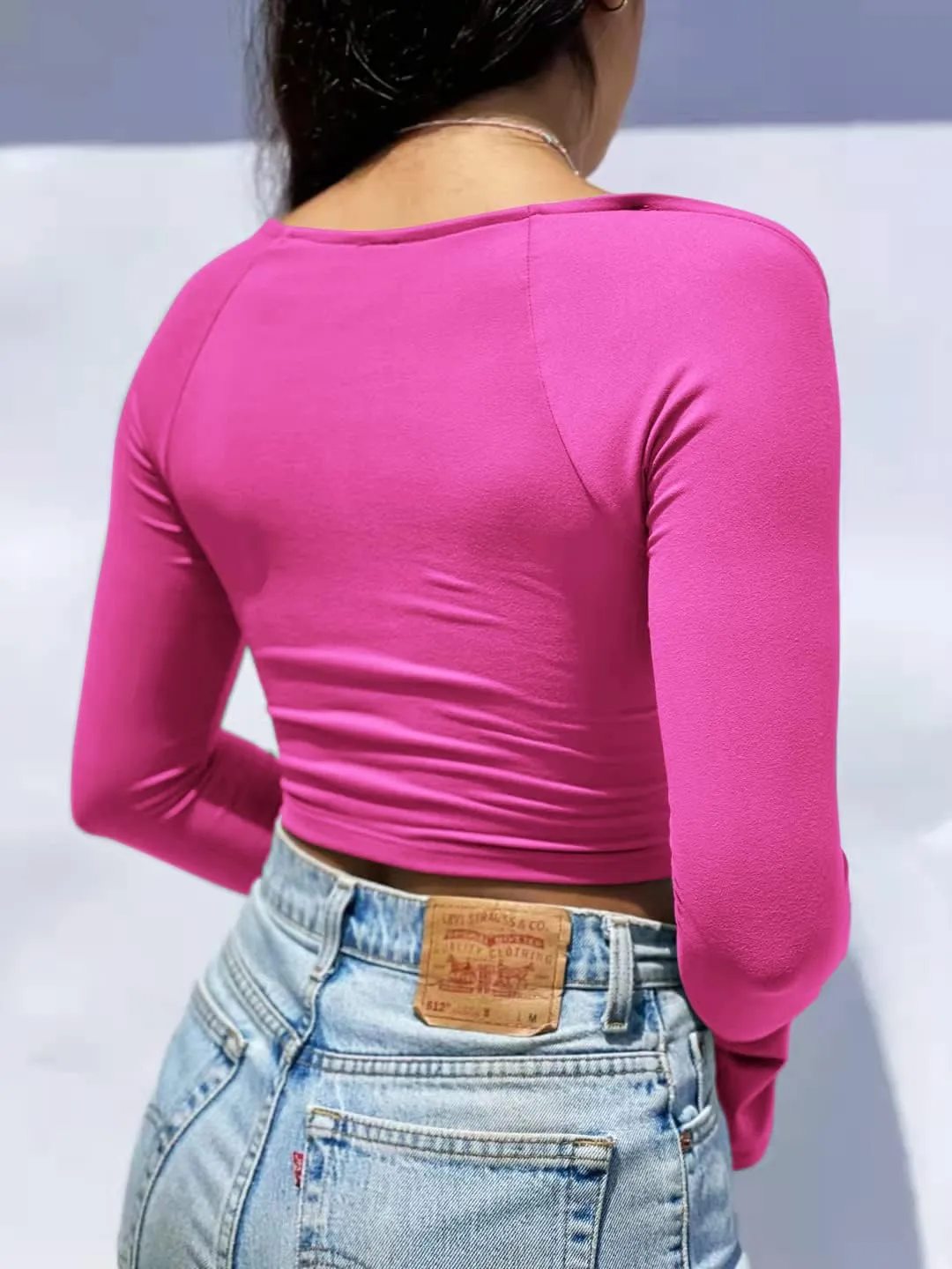 Women's Sexy Halter Criss Cross Tie Up Crop Top Basic Long Sleeve Cut Out T Shirt