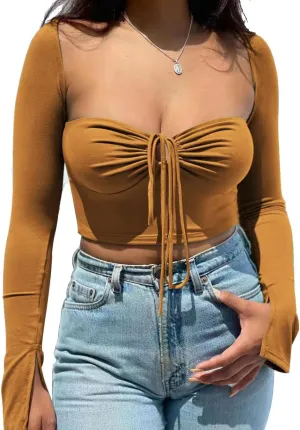 Women's Sexy Halter Criss Cross Tie Up Crop Top Basic Long Sleeve Cut Out T Shirt