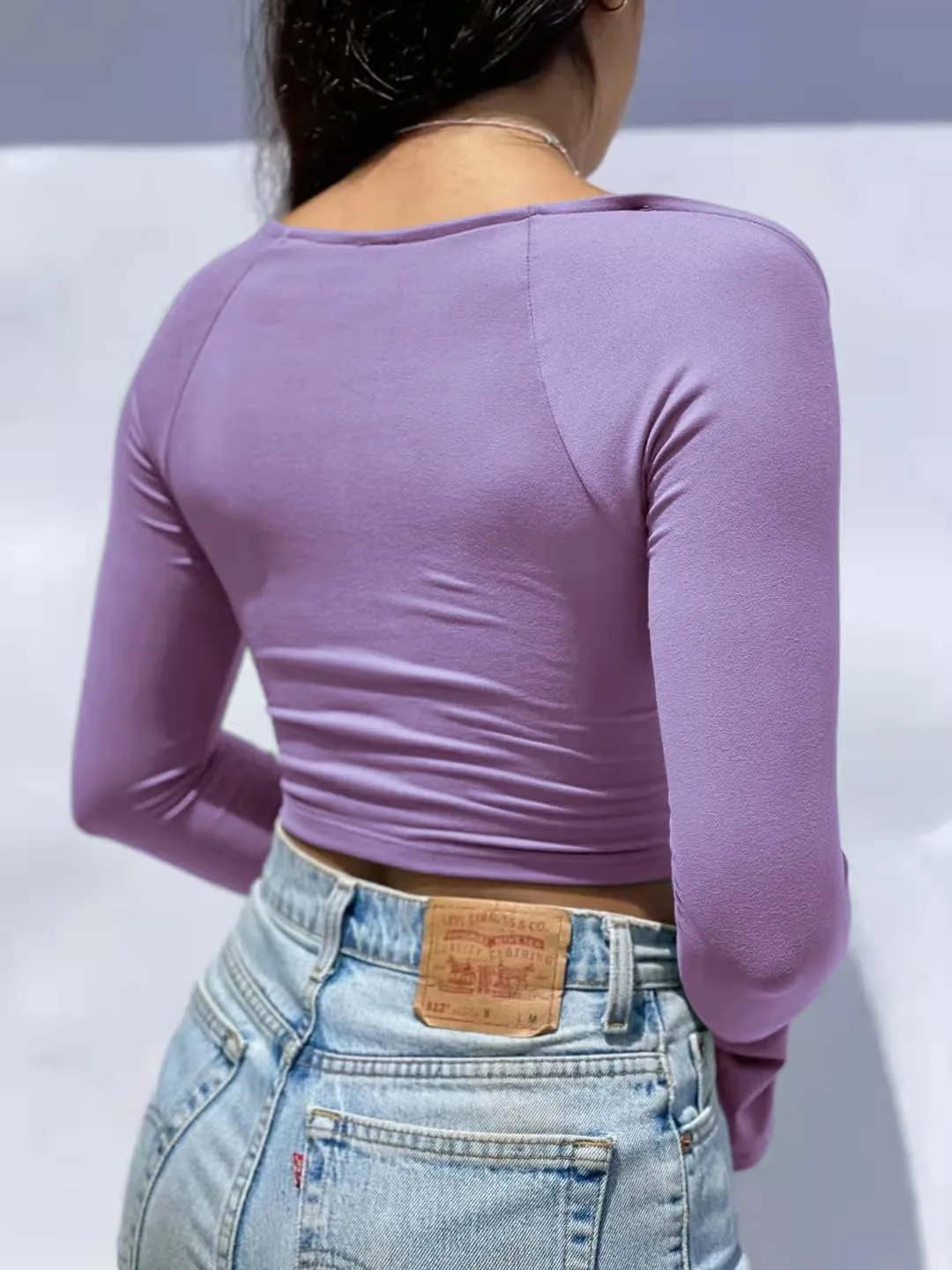 Women's Sexy Halter Criss Cross Tie Up Crop Top Basic Long Sleeve Cut Out T Shirt