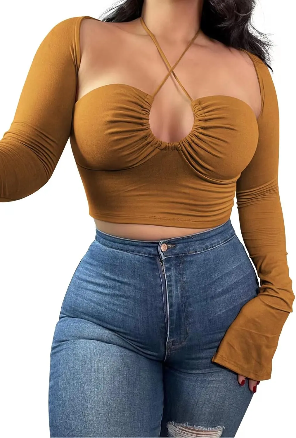 Women's Sexy Halter Criss Cross Tie Up Crop Top Basic Long Sleeve Cut Out T Shirt