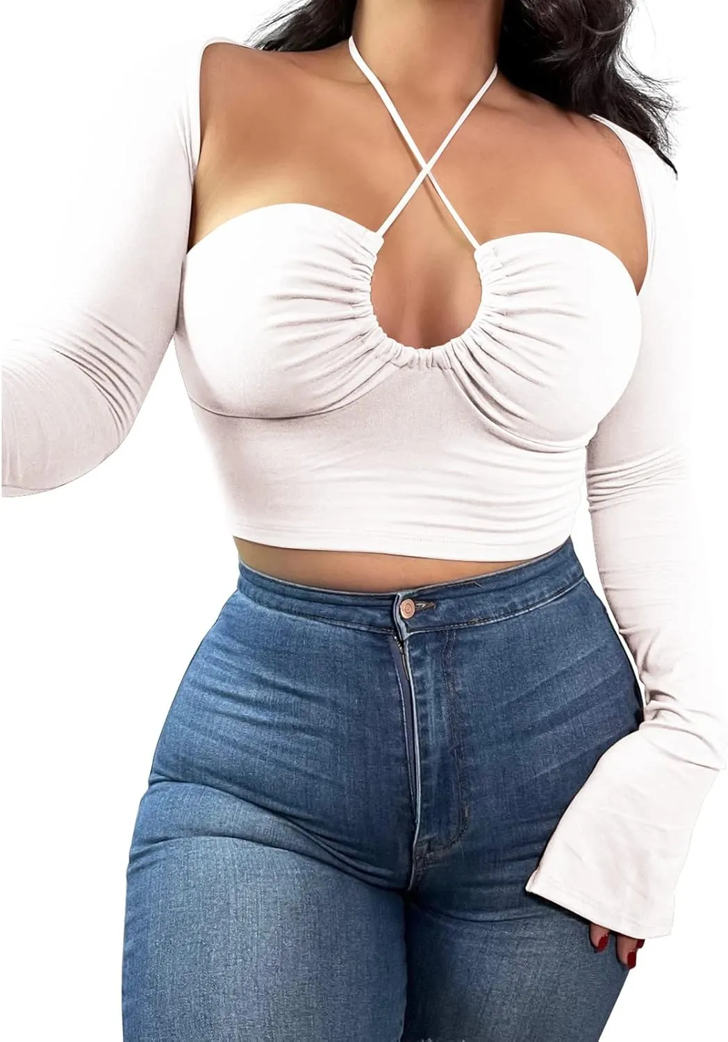 Women's Sexy Halter Criss Cross Tie Up Crop Top Basic Long Sleeve Cut Out T Shirt