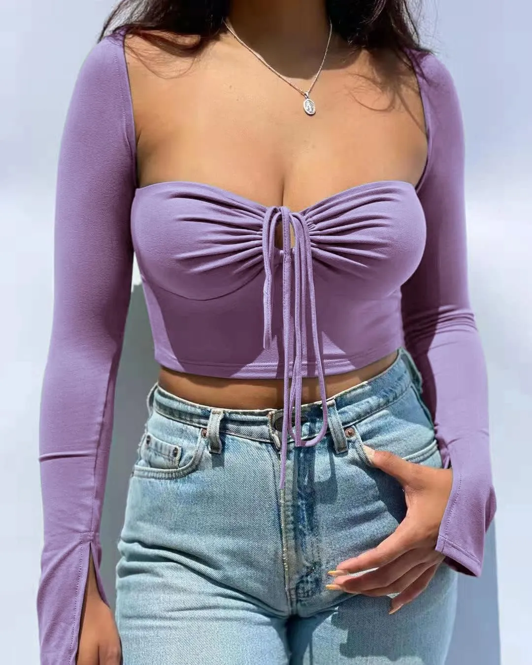 Women's Sexy Halter Criss Cross Tie Up Crop Top Basic Long Sleeve Cut Out T Shirt