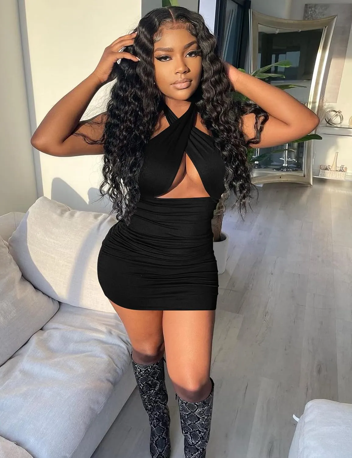 Women's Sexy Ruched Bodycon Halter Criss Cross Cut Out Backless Mini Club Party Dresses