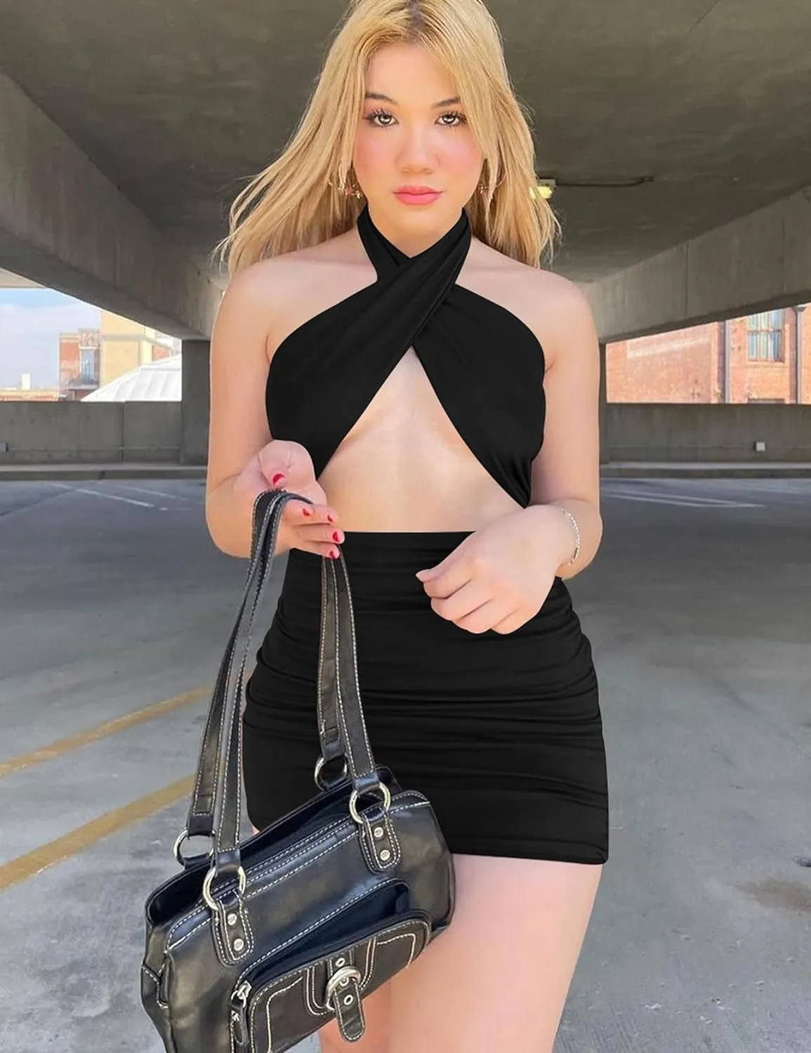 Women's Sexy Ruched Bodycon Halter Criss Cross Cut Out Backless Mini Club Party Dresses