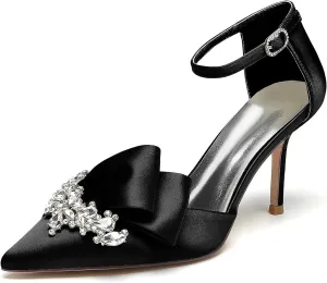 Women's Stiletto High Heel Satin Pointed Toe Bridal Wedding Evening Party Dress Pumps Shoes with Rhinestone