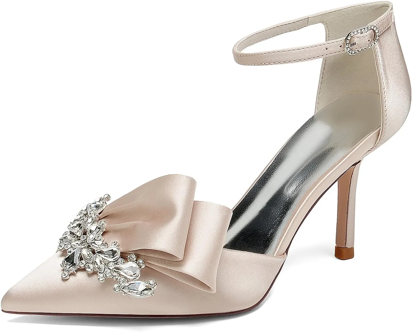 Women's Stiletto High Heel Satin Pointed Toe Bridal Wedding Evening Party Dress Pumps Shoes with Rhinestone