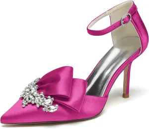 Women's Stiletto High Heel Satin Pointed Toe Bridal Wedding Evening Party Dress Pumps Shoes with Rhinestone