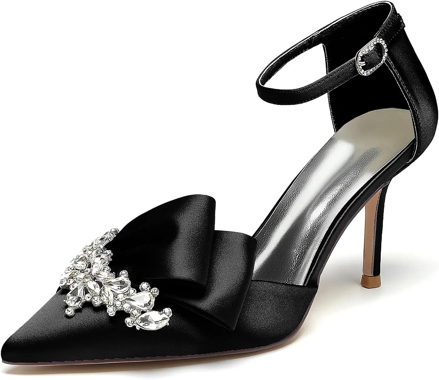 Women's Stiletto High Heel Satin Pointed Toe Bridal Wedding Evening Party Dress Pumps Shoes with Rhinestone
