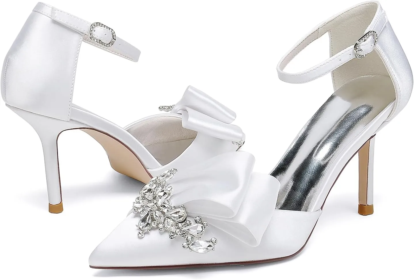 Women's Stiletto High Heel Satin Pointed Toe Bridal Wedding Evening Party Dress Pumps Shoes with Rhinestone